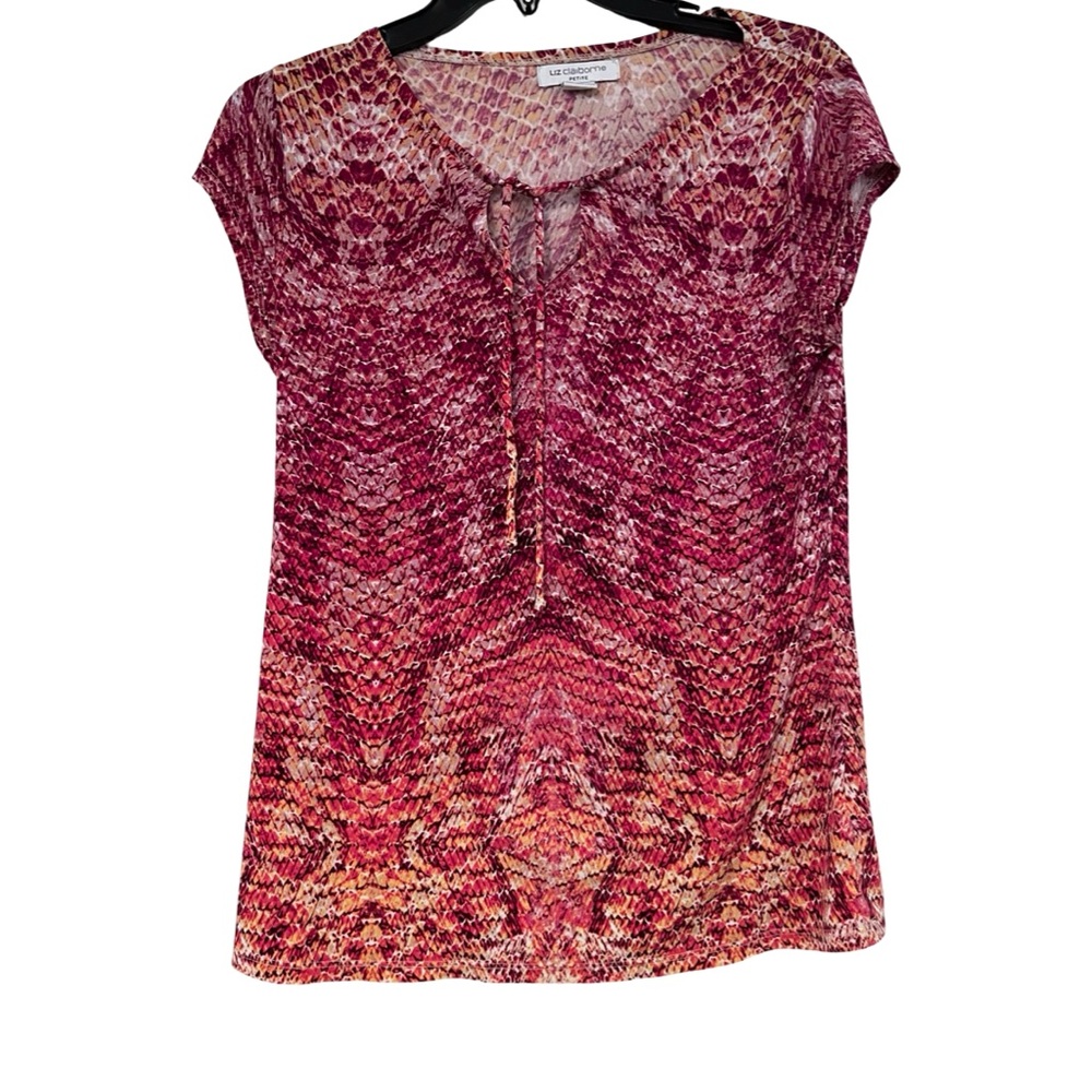 Liz Claiborne Pink Patterned Blouse with Cap Sleeves Tie Neck, Petite Size Small